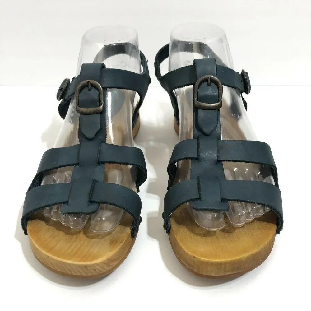 Sanita Olise Flex Blue Leather Wooden Platform Sandals Womens Size 38 US 7 - 7.5 - Picture 2 of 10